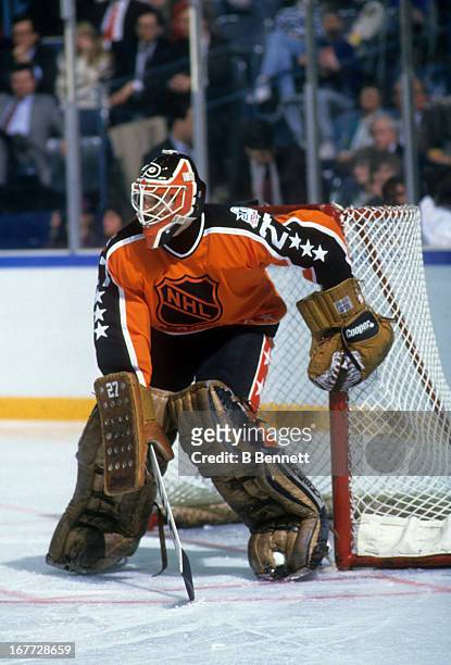 Goalie Ron Hextall of the Wales Conference and the Philadelphia Flyers defends the net during the 1988 39th NHL All-Star Game against the Campbell...