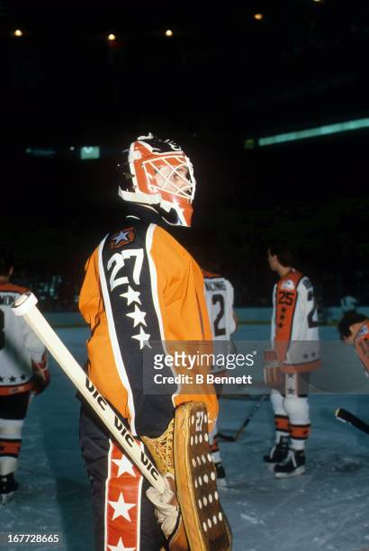 Goalie Ron Hextall of the Wales Conference and the Philadelphia Flyers skates on the ice during the 1988 39th NHL All-Star Game against the Campbell...