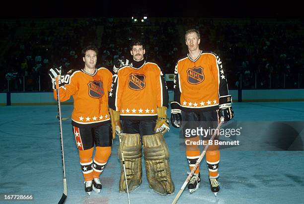 Dave Poulin, goalie Ron Hextall and Kjell Samuelsson of the Wales Conference and the Philadelphia Flyers pose for a portrait before the 1988 39th NHL...