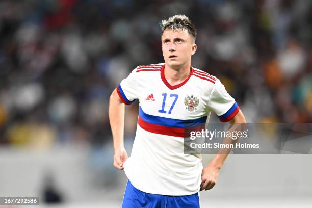 Aleksandr Golovin of Russia reacts during the friendly match between Qatar and Russia at the Al Janoub Stadium on September 12, 2023 in Al Wakrah,...