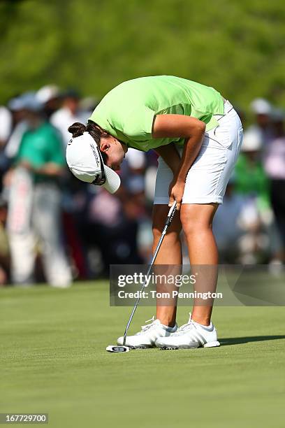 Carlota Ciganda of Spain reacts after missing a putt on the 16th hole during the final round of the 2013 North Texas LPGA Shootout at the Las Colinas...