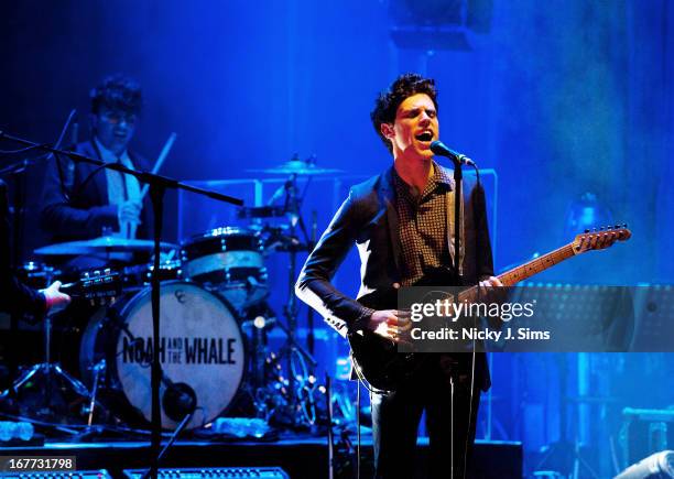 Michael Petulla and Charlie Fink of Noah and The Whale perform on stage at Palace Theatre on April 28, 2013 in London, England.