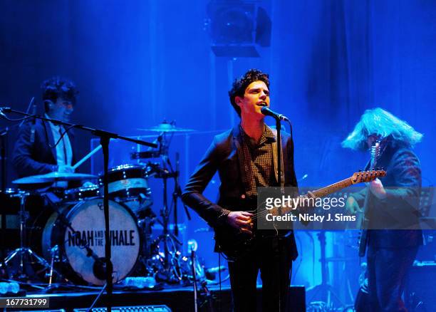 Michael Petulla, Charlie Fink and Matt Owens of Noah and The Whale perform on stage at Palace Theatre on April 28, 2013 in London, England.