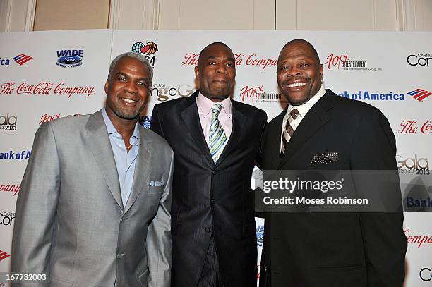 Former NBA players Charles Oakley, Dikembe Mutombo and Patrick Ewing attend the Care For Congo Gala 2013 at the St. Regis Hotel on April 13, 2013 in...