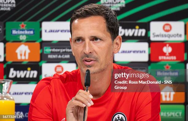 Frankfurt Head Coach Dino Toppmoller during an Eintracht Frankfurt press conference at Deutsche Bank Park, on September 20 in Frankfurt, Germany.