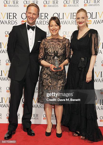 Rupert Penry Jones, Nicola Walker, winner of Best Actress in a Supporting Role, and Romola Garai pose in the press room at The Laurence Olivier...