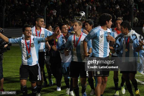 Team of Argentina celebrate their victory after a match between Argentina and Venezuela as part of the U17 South American Championship at Juan...