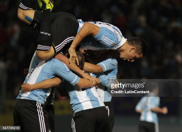 Leonardo Suárez of Argentina celebrates a goal during a match between Argentina and Venezuela as part of the U17 South American Championship at Juan...