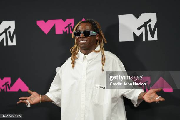 Lil Wayne poses in the press room at the MTV Video Music Awards at the Prudential Center on September 12, 2023 in Newark, New Jersey.