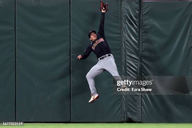 Myles Straw of the Cleveland Guardians catches a ball hit by Blake Sabol of the San Francisco Giants in the ninth inning at Oracle Park on September...