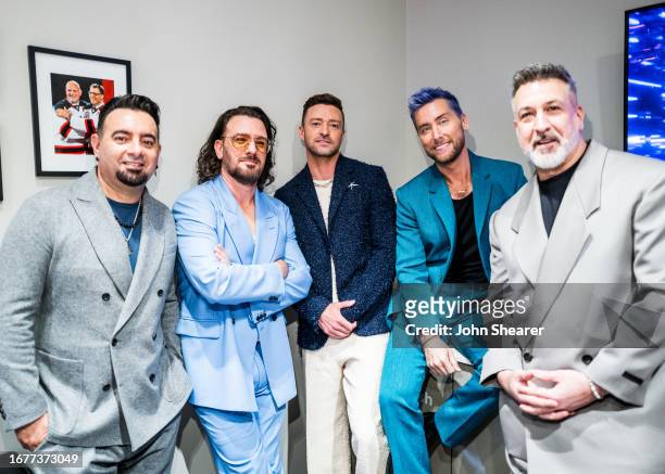 Chris Kirkpatrick, JC Chasez, Justin Timberlake, Lance Bass and Joey Fatone of NSYNC seen backstage during the 2023 Video Music Awards at Prudential...