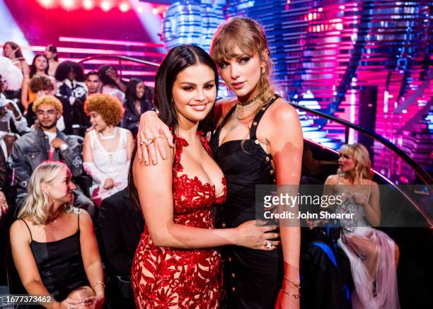 Selena Gomez and Taylor Swift attend the 2023 Video Music Awards at Prudential Center on September 12, 2023 in Newark, New Jersey.