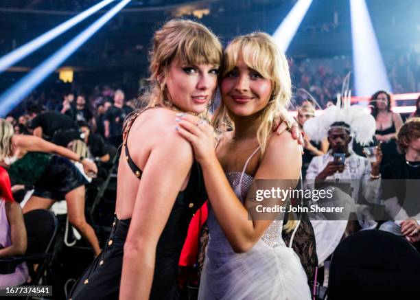 Taylor Swift and Sabrina Carpenter attend the 2023 Video Music Awards at Prudential Center on September 12, 2023 in Newark, New Jersey.