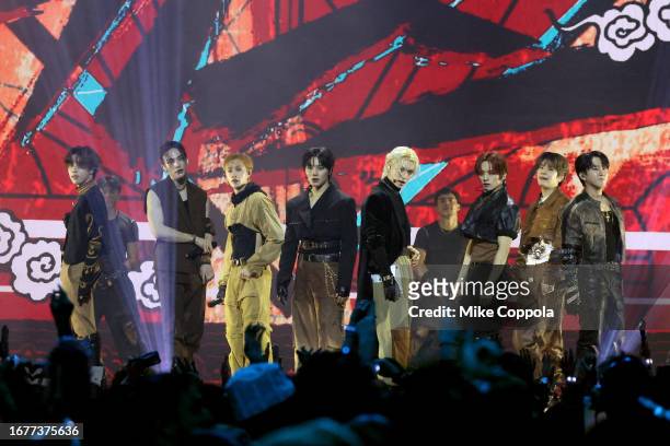 Han, Hyunjin, Bang Chan, I.N, Felix, Lee Know, Seungmin and Changbin of Stray Kids perform onstage during the 2023 MTV Video Music Awards at...