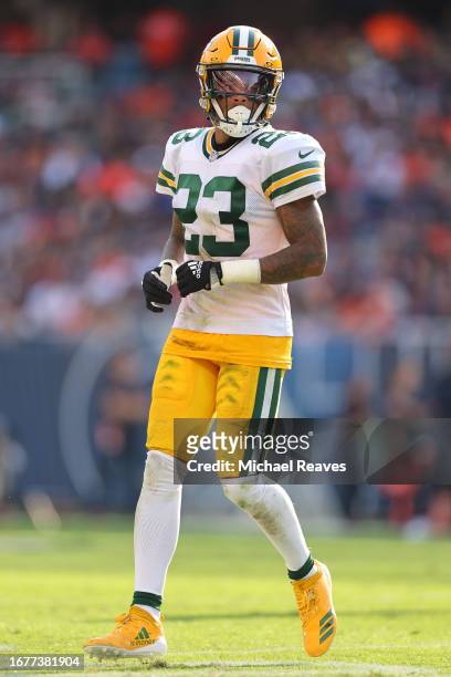 Jaire Alexander of the Green Bay Packers looks on against the Chicago Bears during the second quarter at Soldier Field on September 10, 2023 in...