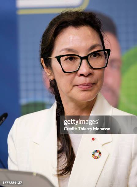 Malaysian actress, UNDP Goodwill Ambassador Michelle Yeoh Choo Kheng PSM talks to media in the Berlaymont, the EU Commission headquarter on September...