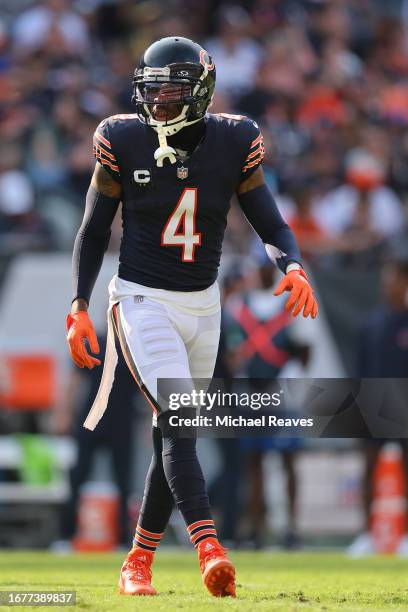 Eddie Jackson of the Chicago Bears in action against the Green Bay Packers during the second quarter at Soldier Field on September 10, 2023 in...