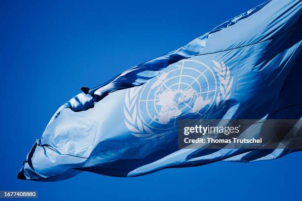 The flag of the United Nations blows in the wind on September 19, 2023 in New York City, United States.