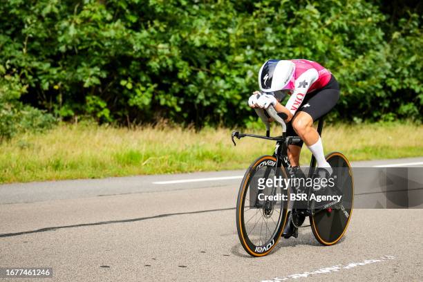 Marlen Reusser of Switzerland competing in the Women's Individual Time Trial of the 2023 UEC Road Cycling European Championships at WILDLANDS...