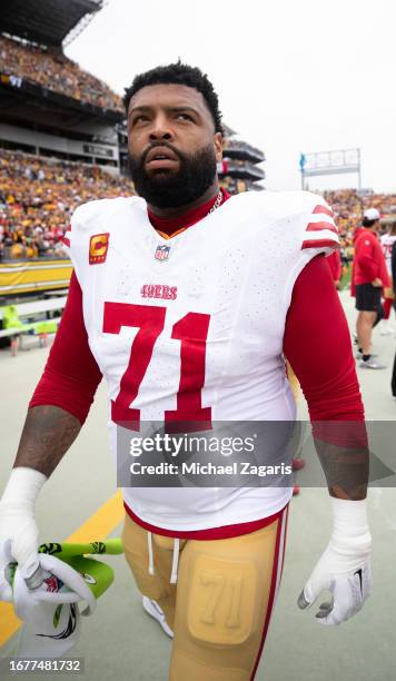 September 10: Trent Williams of the San Francisco 49ers on the sideline before the game against the Pittsburgh Steelers at Acrisure Stadium on...