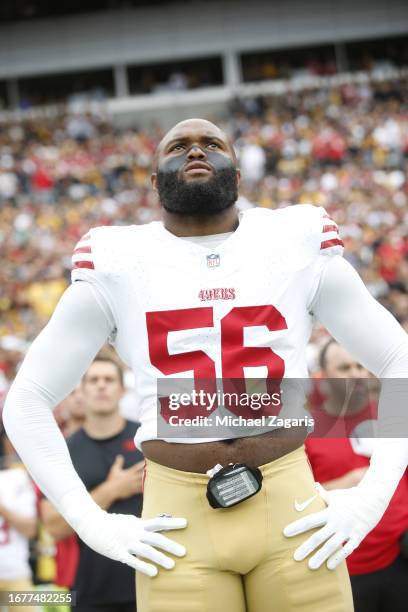 September 10: Austin Bryant of the San Francisco 49ers on the sideline before the game against the Pittsburgh Steelers at Acrisure Stadium on...