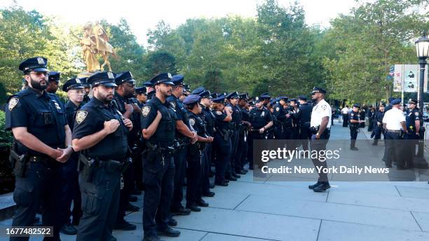 September 19: Hundreds of NYPD Officers are pictured during roll-call on Fifth Avenue near 60th Street in Midtown Manhattan early September 19, 2023....