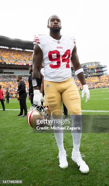 September 10: Clelin Ferrell of the San Francisco 49ers before the game against the Pittsburgh Steelers at Acrisure Stadium on September 10, 2023 in...