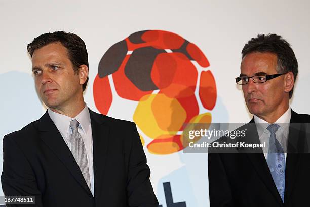 Oliver Bierhoff, manager of the German Football Association and Helmut Sandrock, general secretary of the German Football Association talk during the...