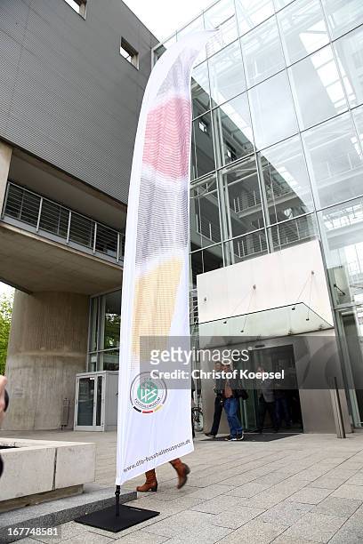 Banner is seen in front during the DFB Football Museum groundbreaking ceremony at Harenberg City Center on April 29, 2013 in Dortmund, Germany.