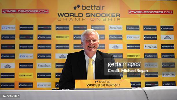 World Snooker chairman Barry Hearn speaks to the press during the Betfair World Snooker Championship at the Crucible Theatre on April 29, 2013 in...