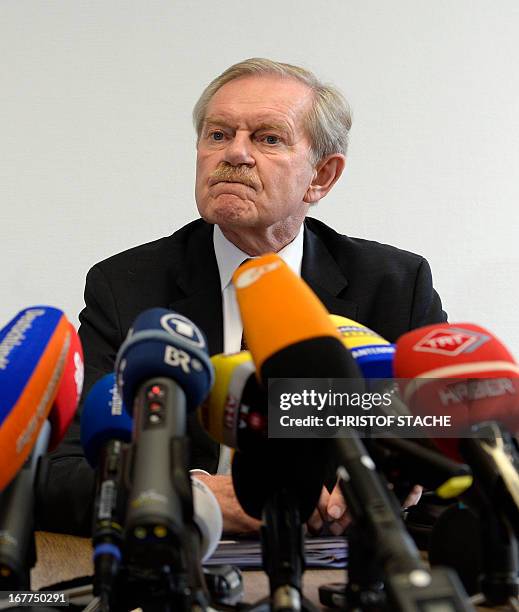 Karl Huber, President of the Higher Regional Court Munich , attends a press conference on April 29, 2013 in Munich after the lottery for the reserved...