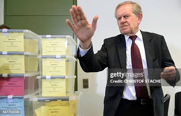 Karl Huber, President of the Higher Regional Court Munich , attends a press conference on April 29, 2013 in Munich after the lottery for the reserved...