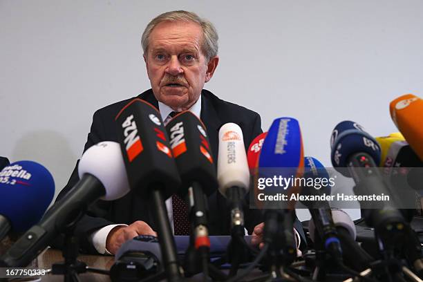 Karl Huber, President of the Oberlandgericht Muenchen court, speaks to the media following the lottery draw for the 50 media spots inside the...