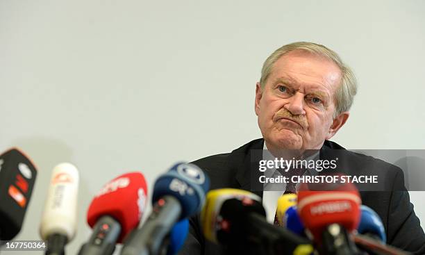 Karl Huber, President of the Higher Regional Court Munich , reacts during a press conference on April 29, 2013 in Munich, southern Germany, following...