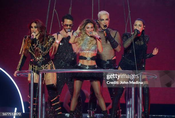 Dulce Maria, Christopher von Uckermann, Anahi, Christian Chavez and Maite Perroni of RBD perform during the Soy Rebelde Tour at Desert Diamond Arena...