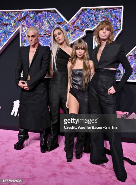 Ethan Torchio, Victoria De Angelis, Damiano David and Thomas Raggi of Måneskin attend the 2023 MTV Video Music Awards at Prudential Center on...