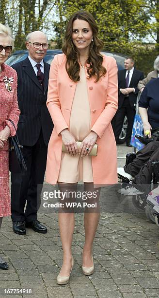 Catherine, The Duchess Of Cambridge meets children and staff during a visit to Naomi House Children's Hospice on April 29, 2013 near Winchester,...
