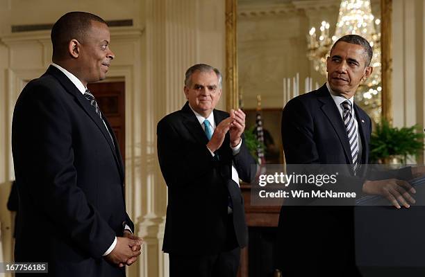 President Barack Obama announces Charlotte Mayor Anthony Foxx as his nominee for Secretary of Transportation at the White House April 29, 2013 in...