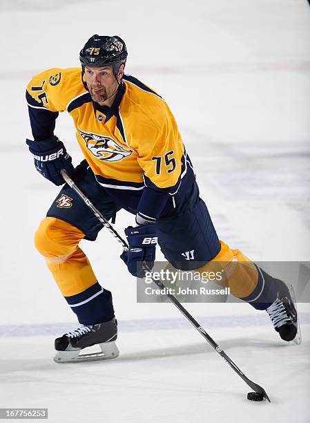 Hal Gill of the Nashville Predators skates against the Calgary Flames during an NHL game at the Bridgestone Arena on April 23, 2013 in Nashville,...