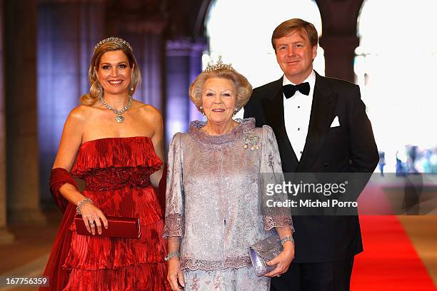 Princess Maxima of the Netherlands , Queen Beatrix of the Netherlands and Crown Prince Willem-Alexander of the Netherlands arrive at a dinner hosted...