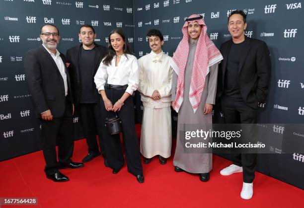 Laith Majali, Almotaz Aljefri, Adwa Bader, Meshal Al Jaser, Yazeed Almajyul and Omar Fadel attend the "NAGA" premiere during the 2023 Toronto...