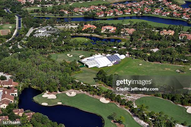 Aerial view of tents set up for Michael Jordan and Yvette Prieto's wedding at the Bear's Club on April 27, 2013 in Jupiter, Florida. The wedding took...