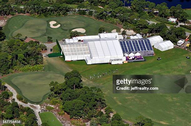 Aerial view of tents set up for Michael Jordan and Yvette Prieto's wedding at the Bear's Club on April 27, 2013 in Jupiter, Florida. The wedding took...