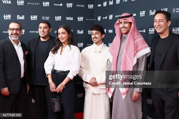 Laith Majali, Almotaz Aljefri, Adwa Bader, Meshal Al Jaser, Yazeed Almajyul and Omar Fadel attend the "NAGA" premiere during the 2023 Toronto...