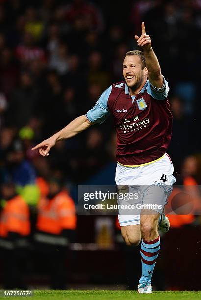 Ron Vlaar of Aston Villa celebrates scoring during the Barclays Premier League match between Aston Villa and Sunderland at Villa Park on April 29,...