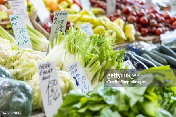 fresh fenneland other vegetables ready for sale in wooden box at the farmers market. - borough market stock pictures, royalty-free photos & images