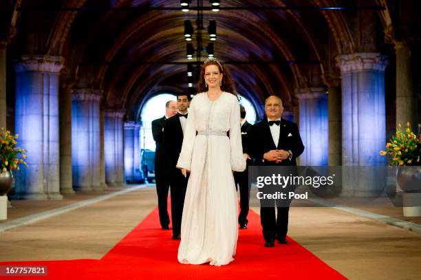 Princess Lalla Salma of Morocco arrives at a dinner hosted by Queen Beatrix of The Netherlands ahead of her abdication at Rijksmuseum on April 29,...
