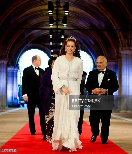Princess Lalla Salma of Morocco arrives at a dinner hosted by Queen Beatrix of The Netherlands ahead of her abdication at Rijksmuseum on April 29,...