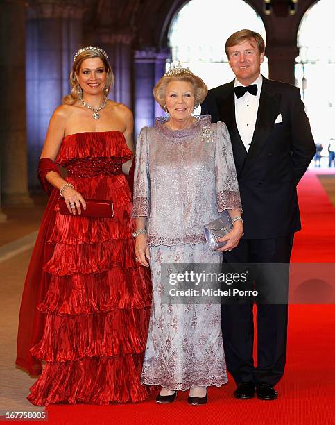 Princess Maxima of the Netherlands , Queen Beatrix of the Netherlands and Crown Prince Willem-Alexander of the Netherlands arrive at a dinner hosted...