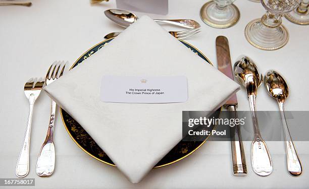 Place setting for His Imperial Highness the Crown Prince of Japan at a dinner hosted by Queen Beatrix of The Netherlands ahead of her abdication at...